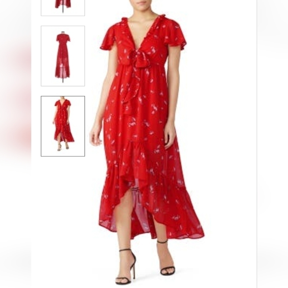 LINE & Dot Red Ruffle A Line Midi Dress Short Sleeve size Medium